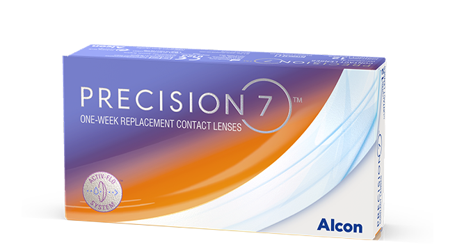 Boîte de lentilles de contact PRECISION7 à remplacement hebdomadaire d’Alcon, au design violet et orange.