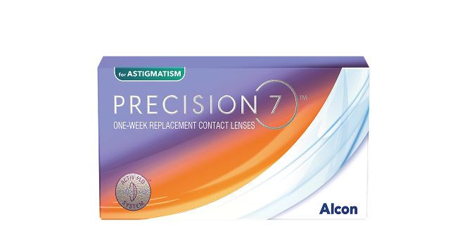 Boîte de lentilles de contact PRECISION7 pour l’astigmatisme, à remplacement hebdomadaire d’Alcon, au design violet et orange.