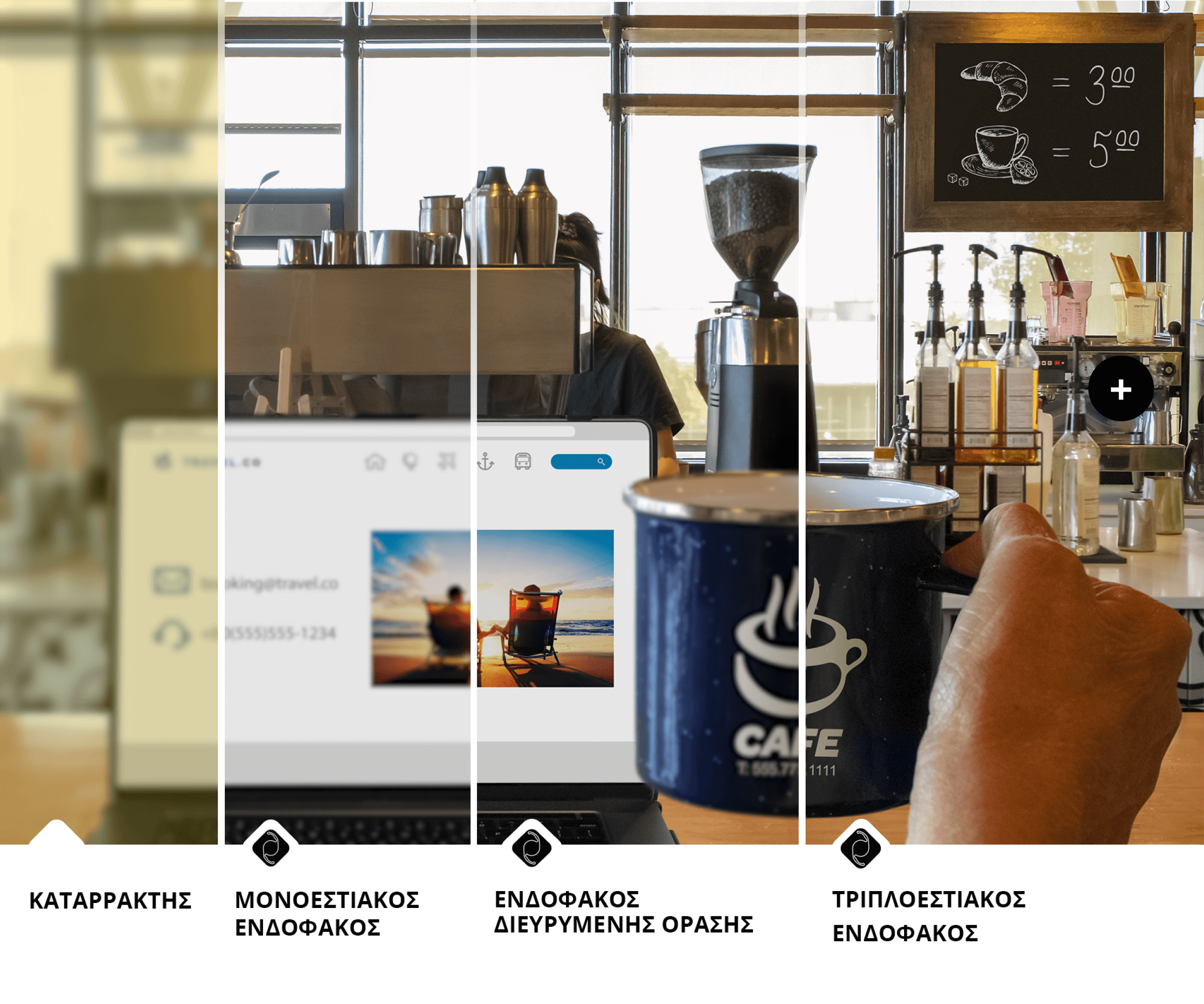 Coffee shop with a view from the counter of coffee machines and other ingredients. A laptop is open on the countertop and an individual’s hand holds up a coffee mug to the right of the laptop screen. The image is split into 4 sections to show the difference between an individual’s vision quality with cataracts versus vision with a Monofocal Lens, Extended Vision Lens, or Trifocal Lens. The far-left section of the image is blurry with a yellow tinge to illustrate duller vision associated with cataracts. The 3 remaining sections are significantly clearer to show the visual benefits of using an IOL option to treat cataracts.
