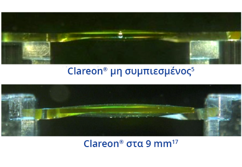 An image of the Clareon IOL from the side, depicting the shape of the IOL when uncompressed. An image of the Clareon IOL from the side, depicting the shape of the IOL with 9 mm compression.