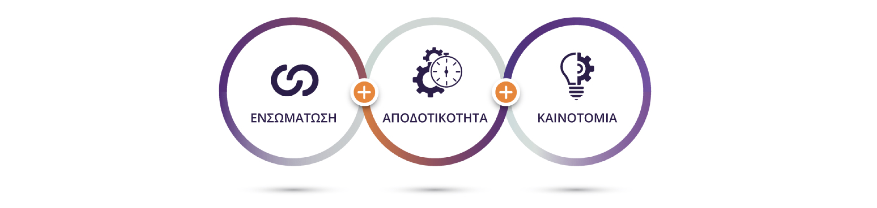Τρεις αλληλένδετοι κύκλοι. Μέσα στον πρώτο κύκλο υπάρχει ένα σκούρο μωβ εικονίδιο δύο επικαλυπτόμενων ημικύκλων με κείμενο από κάτω που γράφει "ενσωμάτωση". Μέσα στον δεύτερο κύκλο υπάρχει ένα σκούρο μωβ εικονίδιο με δύο γρανάζια πίσω από ένα χρονόμετρο με κείμενο από κάτω που γράφει "αποδοτικότητα". Μέσα στον τρίτο κύκλο υπάρχει ένα σκούρο μωβ εικονίδιο χωρισμένο σε μισό λαμπτήρα και μισό γρανάζι με κείμενο από κάτω που γράφει "καινοτομία".