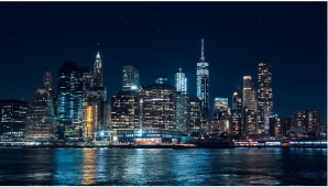 A night-time view of a city skyline