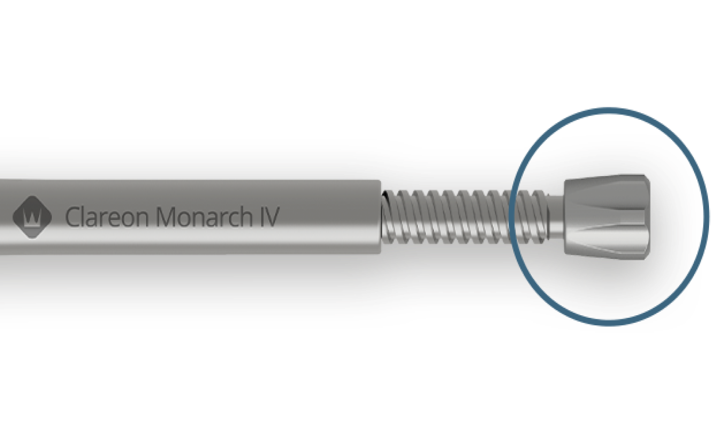 Clareon Monarch IV Handpiece sits horizontally. A blue circle is placed on the enlarged twist knob to draw focus.