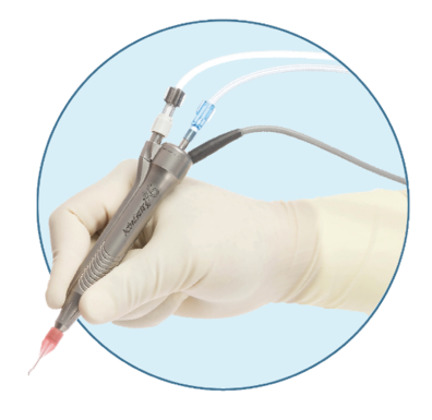 A gloved hand holds the ACTIVE SENTRY® Handpiece on a light blue background.