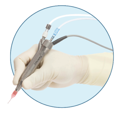 A gloved hand holds the ACTIVE SENTRY® Handpiece on a light blue background.