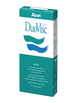Alcon’s DuoVisc OVD product box. This product contains 0.35 ml of Viscoat and 0.40 ml of ProVisc