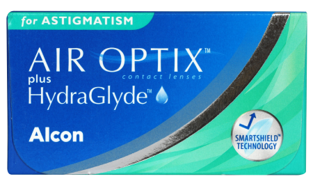 Product box shots for AIR OPTIX™ Plus HydraGlyde for Astigmatism monthly replacement contact lenses