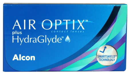 Product box shot for AIR OPTIX™ Plus HydraGlyde monthly replacement contact lenses