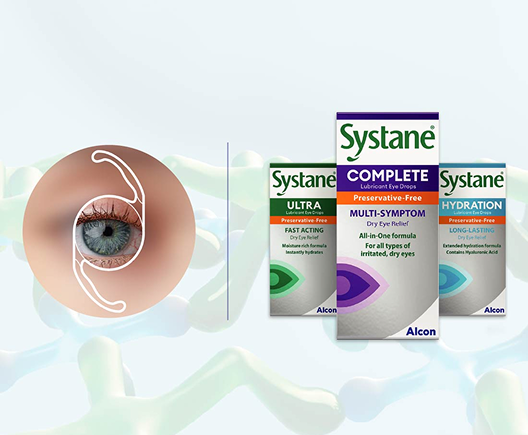 Systane eye care products with close-up graphics illustrating intraocular lens over eye