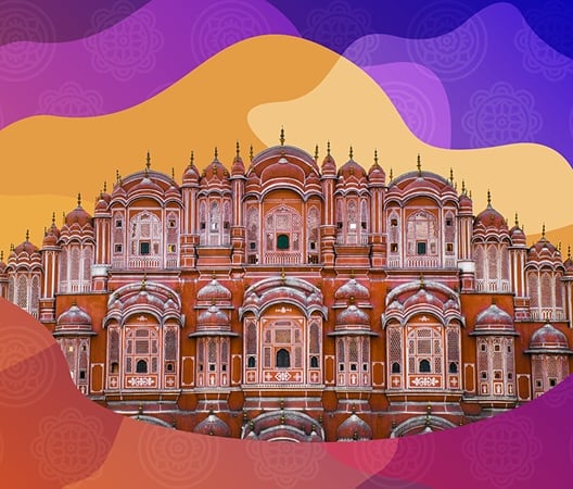 Hawa Mahal in Jaipur on a colorful decorative background
