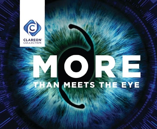 image of an eye in the background with text and the Clareon logo