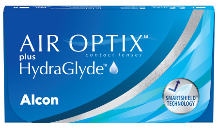 Product box shot for AIR OPTIX™ Plus HydraGlyde  monthly replacement contact lenses