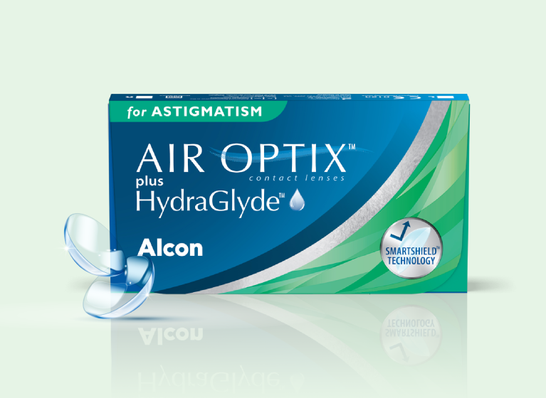 Product box shots for AIR OPTIX™ Plus HydraGlyde for Astigmatism monthly replacement contact lenses