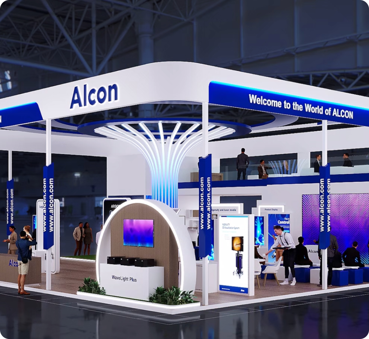 Attendees exploring the Alcon booth with signage reading, “Welcome to the World of Alcon”