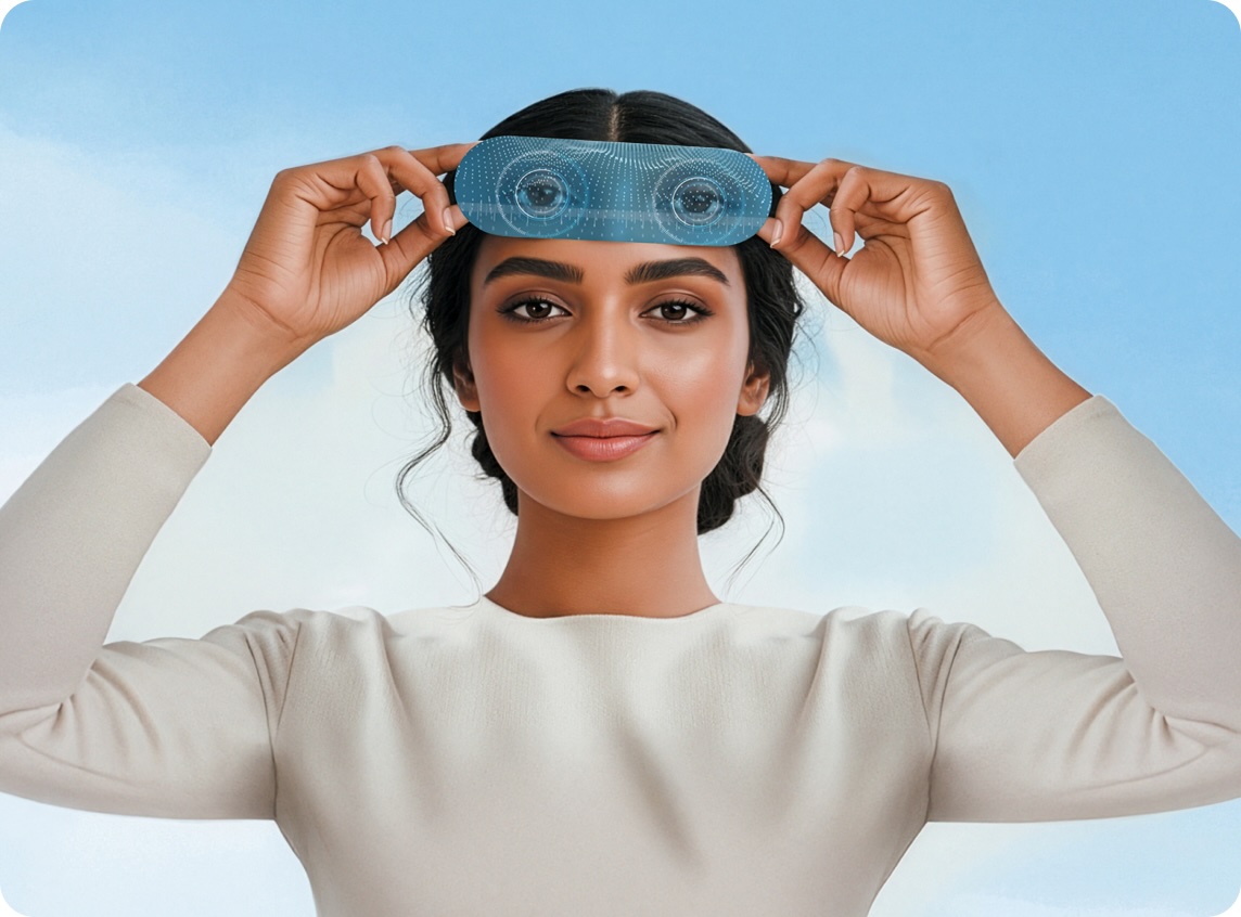 Woman holding a transparent, digitally rendered eye-lens interface over her eyes, illustrating vision technology powered by a digital eye twin.