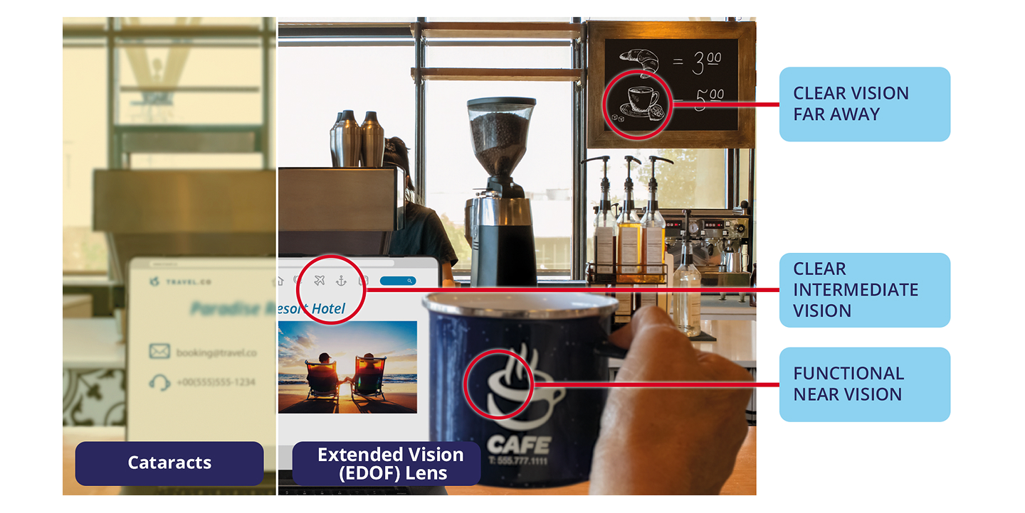 Side-by-side café scene showing vision with cataracts compared to vision with an Extended Depth of Focus lens (EDOF IOL), highlighting clear distance vision, clear intermediate vision, and functional near vision with the lens