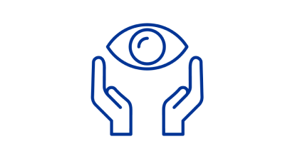 A blue icon of an eye surrounded by two hands on either side, as if to hold the heart.