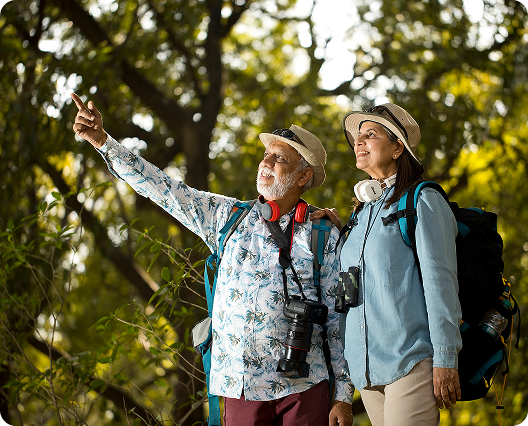 Older couple hiking in a forest with backpacks and cameras, looking toward a scenic view