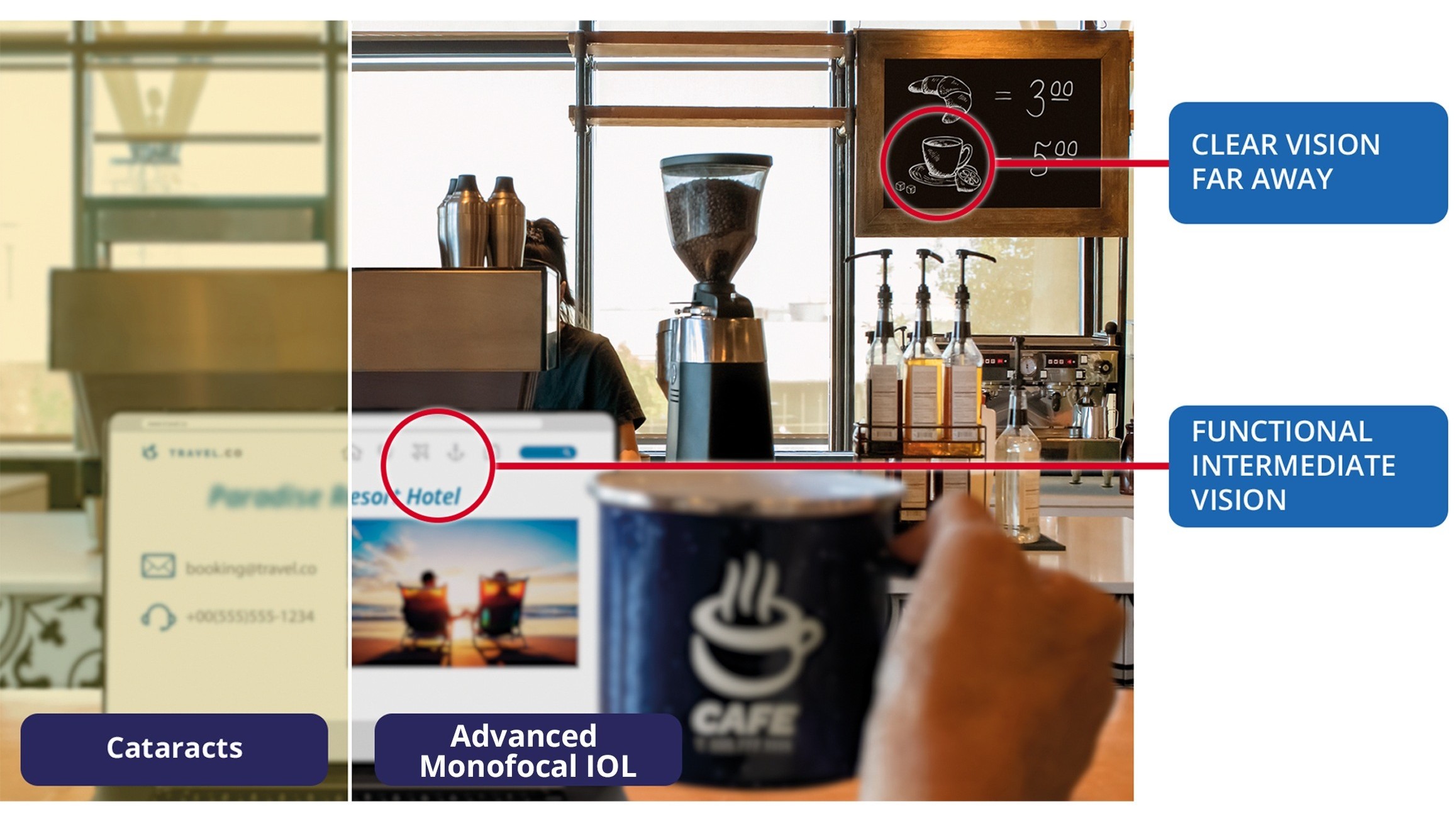Side-by-side café scene showing vision with cataracts compared to vision with an Advanced Monofocal IOL, highlighting clear distance vision and functional intermediate vision with the lens