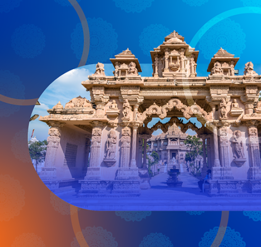 Ornate stone temple entrance with detailed carvings and statues, set against a clear blue sky; overlaid with a circular blue and orange graphic design.
