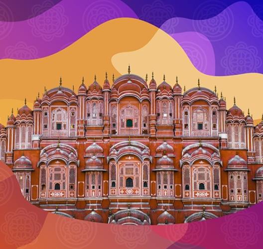 Hawa Mahal in Jaipur on a colorful decorative background