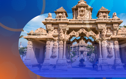 Ornate stone temple entrance with detailed carvings and statues, set against a clear blue sky; overlaid with a circular blue and orange graphic design.