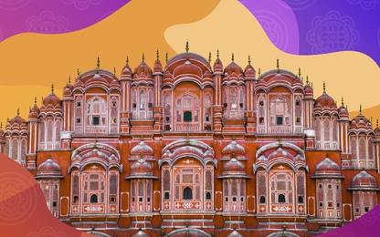 Hawa Mahal in Jaipur on a colorful decorative background