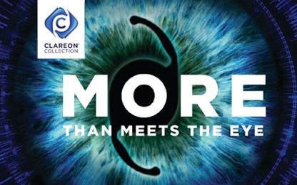 image of an eye in the background with text and the Clareon logo