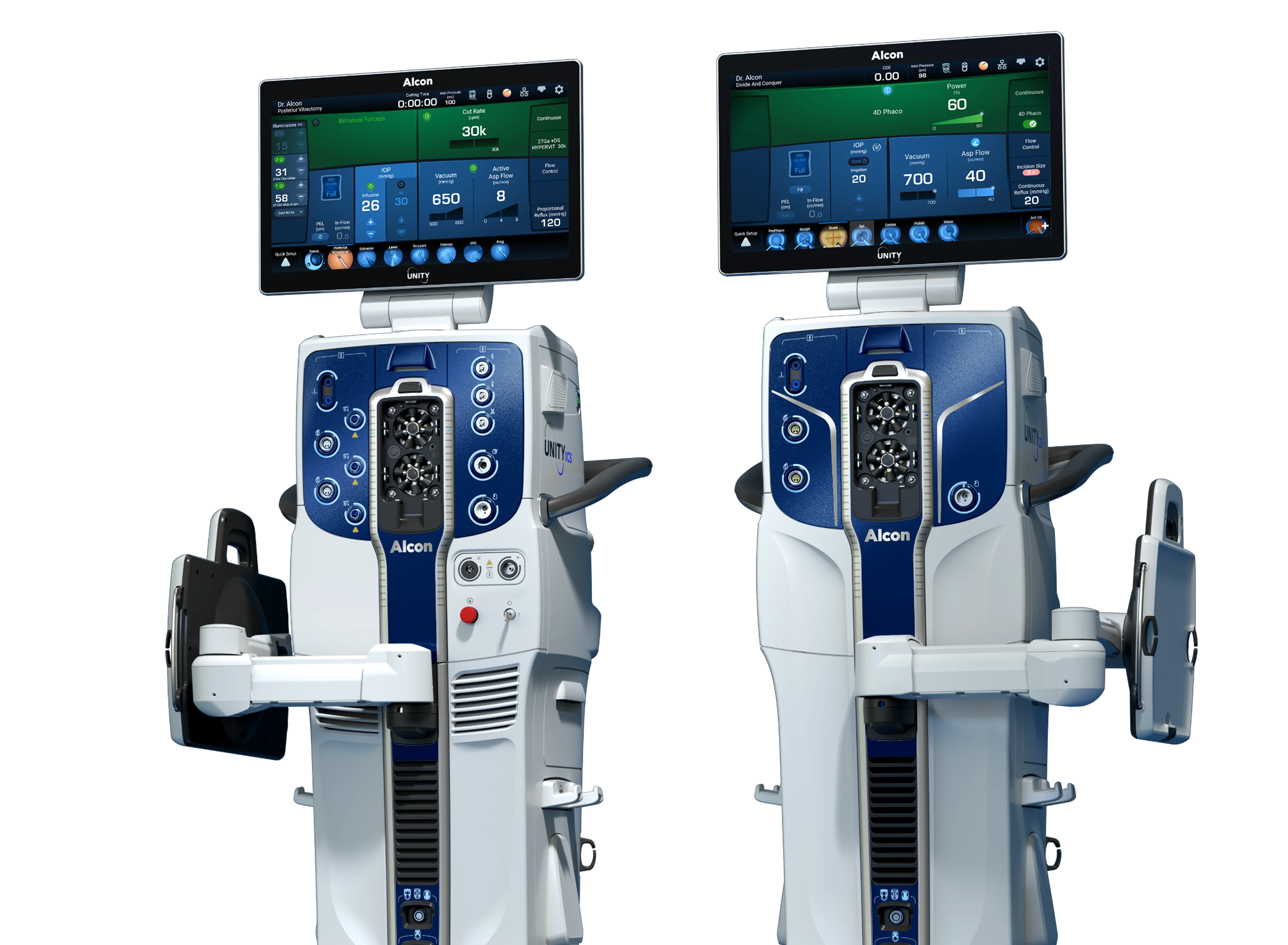 Two Alcon UNITY VCS/CS surgical systems with large digital screens, shown against a night sky with green aurora lights