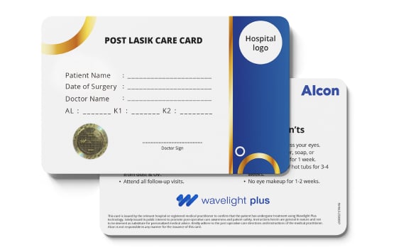 Post-LASIK care card featuring patient information fields, postoperative instructions, hospital branding, and WaveLight Plus and Alcon logos.