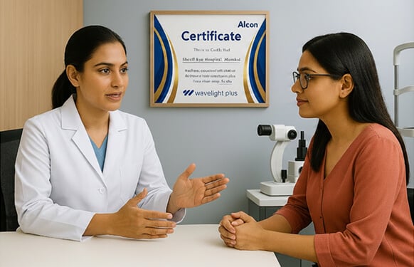 Eye care professional consulting with a patient in an examination room, with diagnostic equipment and a WaveLight Plus certification displayed on the wall.