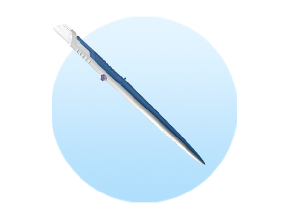 Disposable surgical scalpel on a pale blue circle background.