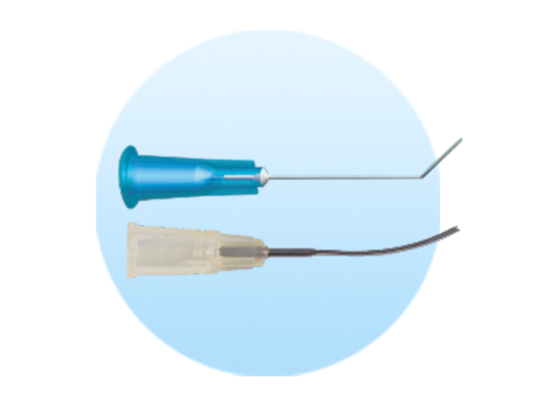 Cystitome, cannula and surgical needle on a pale blue circle background.