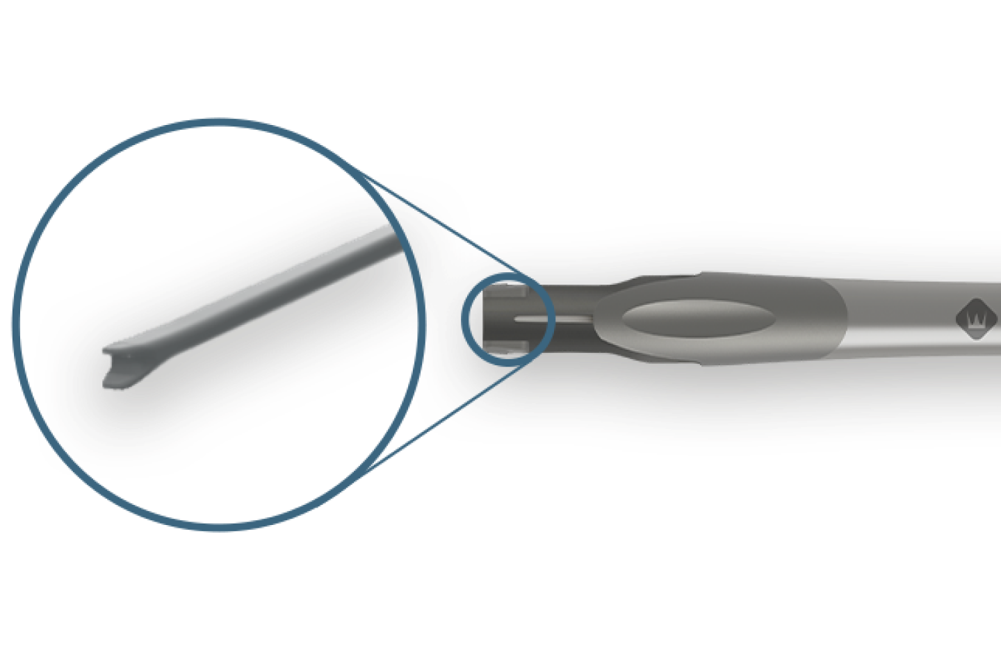 Clareon Monarch IV Handpiece sits horizontally. A blue circle is placed on the device to draw focus to its plunger tip.