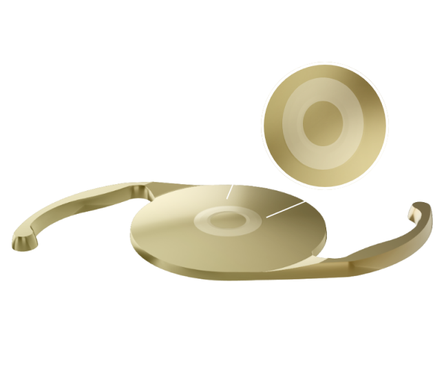 Golden 3-dimensional image of the AcrySof IQ Vivity® IOL with white graphic lines that draw focus to the middle of the lens highlighting the small curvature change that contributes to the lens’s wavefront-shaping technology.