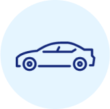 Blue icon of a car on a pale blue background.
