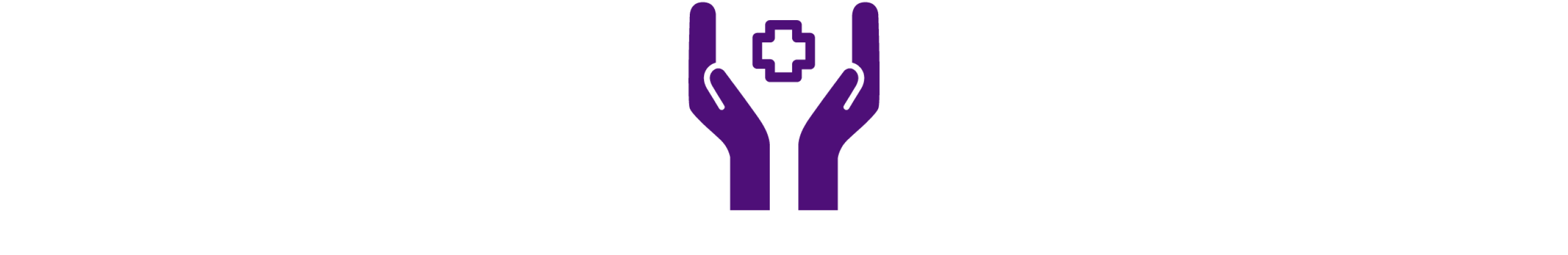 Dark purple icon of open hands with a medical logo between the palms.