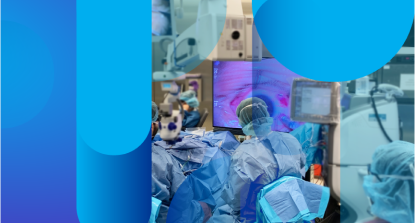 An image of surgeons performing a retina surgery in an OR, showing Alcon’s products