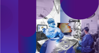 An image of surgeons performing a retina surgery in an OR, showing Alcon’s products