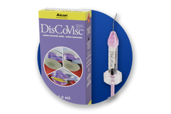 Alcon’s DisCoVisc OVD product and product box on a blue circle background