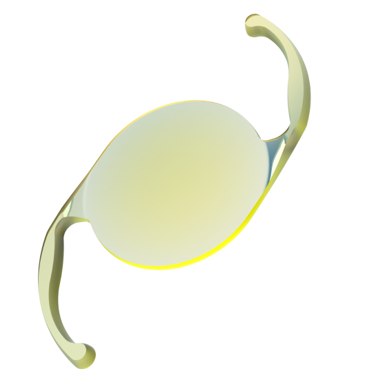 3-dimensional image of a yellow Clareon Monofocal IOL.