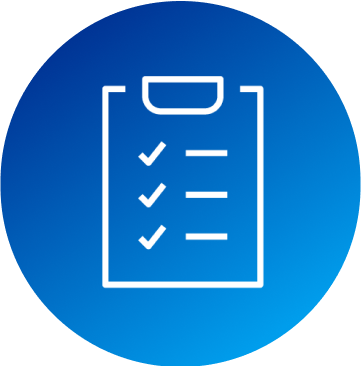 An icon of a clipboard with checkmarks appearing over a blue background.