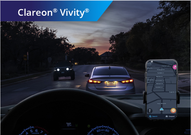 The image displays the night-driving vision of someone with a Clareon Vivity IOL, with near, intermediate and distance focal points in focus.