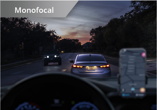 The picture displays the night-driving vision of someone with a monofocal IOL, with near objects out of focus.