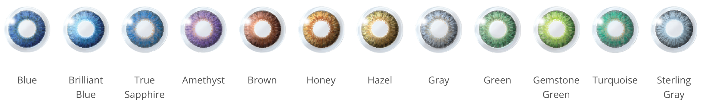 Image showing several types of colorful contact lenses with labels