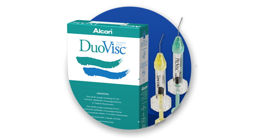 Alcon’s DuoVisc OVD product and product box on a blue circle background.