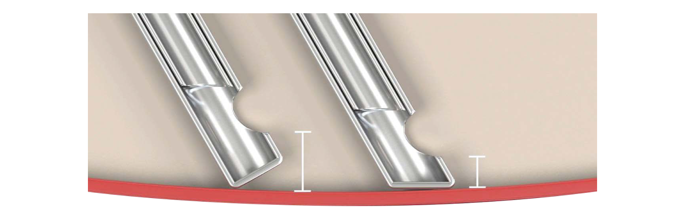 An image of two probe tips, one beveled and the other flat. The image illustrates that the beveled tip allows for closer proximity to the retina.