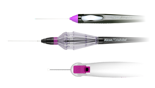Three Alcon Grieshaber surgical instruments with fine tips, shown in black, transparent, and white handles against a black background