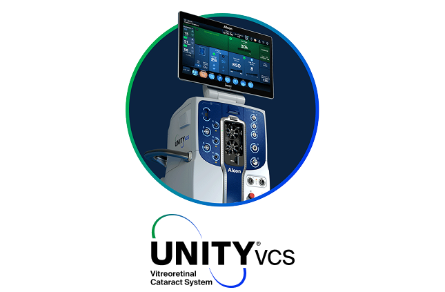 Alcon UNITY VCS surgical system with a large digital screen displaying surgical settings, shown inside a circular graphic frame