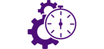 Icona viola scuro di due ingranaggi dietro un cronometro.